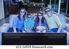 família, observar, 3d, televisão, em, sala de estar