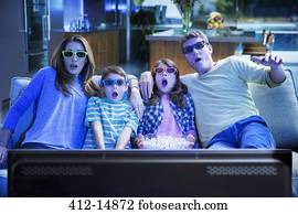 família, observar, 3d, televisão, em, sala de estar