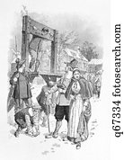 Drawing Of Man In Pillory As Pilgrim Couple Walks By 1600S Boys Throw Dirt Man Stands Guard Shame Punishment Ridicule