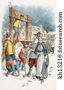 1600s colonial new england scene man in pillory boys throwing snowballs puritan couple walking winter street