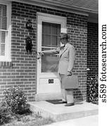 1950s Man Suit Tie Hat Salesman Standing Rejected At Front Door On