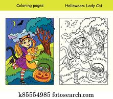 Coloring with colored example Halloween girl with cat Coloring with colored example Halloween girl with cat