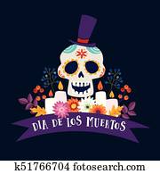 dia, de, los, muertos, 인사장, invitation., 멕시코 인, 일, 의, 그만큼, dead., 꾸밈이다, 설탕, 머리, 와, 모자, 리본 기치, 초, 와..., 꽃, 손, 그어진, 삽화, 벡터, 포스터, 와, 암흑, 배경.