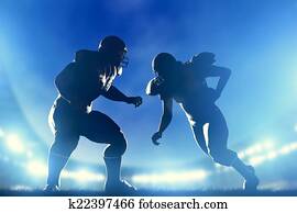 futebol americano, jogadores, em, jogo, quarterback, running., estádio, luzes