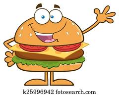 Happy Hamburger Character Waving Happy Hamburger Character Waving