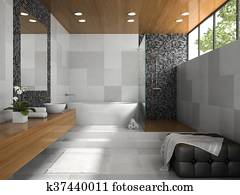 Interior of stylish bathroom with grey walls 3D rendering Interior of stylish bathroom with grey walls 3D rendering