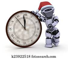 Robot with clock at new years Robot with clock at new years