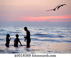 sandstrand, an, sonnenuntergang