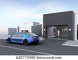 Blue electric car back to garage Blue electric car back to garage