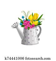 blumengebinde, von, frühjahrsblumen, in, gie?kanne blumengebinde, von, frühjahrsblumen, in, gie?kanne