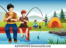 Family going fishing on a camping trip