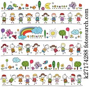 coloridos, padrão, com, crianças, e, cute, natureza, elementos