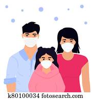 covid-19., coronavirus, epidemic., concepto, de, cuarentena, prevenir, infection., family., hombre, mujer, y, niña, ser, en, protector, médico, mascarillas, ser, en, self-isolation., estancia, hogar