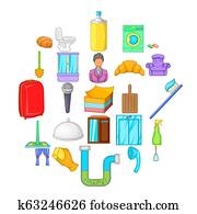 hotel, serviço, ícones, jogo, caricatura, estilo