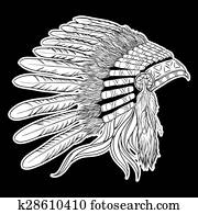 indianische, indisches oberhaupt, headdress., vektor, abbildung, auf, schwarzer hintergrund