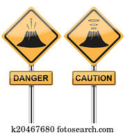 Warning road signs about the dangers of volcano Warning road signs about the dangers of volcano