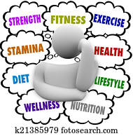 condicão física, palavras, pessoa, pensando, exercício, dieta, wellness, plano