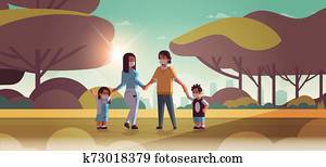 család, fárasztó, arc álarc, toxikus gáz, légszennyeződés, iparág, füstköd, szennyezett, környezet, fogalom, szülők, és, gyerekek, gyalogló, külső, koszos, dohányzik, táj, háttér, tele hosszúság, horizontális