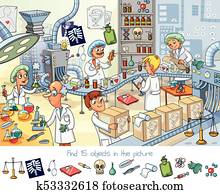 Pharmaceutical factory. Find 15 objects in the picture Pharmaceutical factory. Find 15 objects in the picture