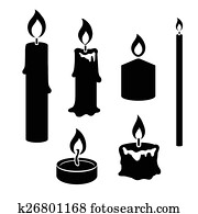 Set of black and white silhouette burning candles Set of black and white silhouette burning candles