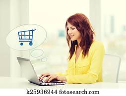 smiling woman with laptop computer shopping online smiling woman with laptop computer shopping online