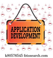 Writing note showing Application Development. Business photo showcasing creation of Computer Apps for use on Mobile Devices Board attach string color black yellow frame rectangle shape. Writing note showing Application Development. Business photo showcasing creation of Computer Apps for use on Mobile Devices Board attach string color black yellow frame rectangle shape.