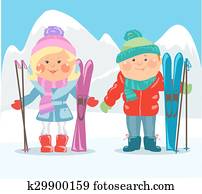 Cartoon people - Couple with skis Cartoon people - Couple with skis