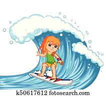 mulher jovem, surfando, com, onda grande mulher jovem, surfando, com, onda grande