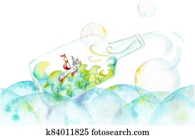 וואטארכולור, ציור, -, דוגמה, של, a, סירה, ב, a, בקבוק