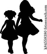 צלליות, של, שתי ילדות, אחיות, friends.