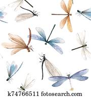 aquarell, vektor, summer, libelle, insekt, bunt, seamless, muster aquarell, vektor, summer, libelle, insekt, bunt, seamless, muster