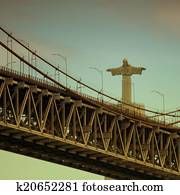 lisboa, ponte, com, jesus cristo, estátua lisboa, ponte, com, jesus cristo, estátua
