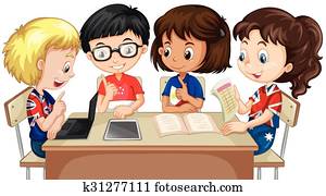 niños y niñas, trabajando, en, grupo