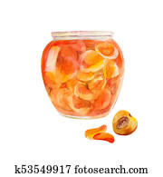 Peach jam in the jar. Apricots cut in sweet syrup. Watercolor illustration Peach jam in the jar. Apricots cut in sweet syrup. Watercolor illustration