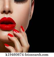 אדום, מיני, שפתיים, ו, ציפורניים, closeup., גזור, ו, איפור