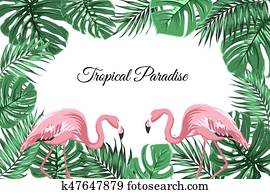 Tropical border frame green leaves pink flamingos