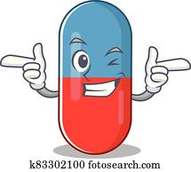 קריקטורה, עצב, מושג, של, גלולות, סמם, עם, מצחיק, קרץ, הבט