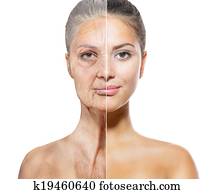 envelhecimento, e, skincare, Concept., caras, de, jovem velho, mulheres