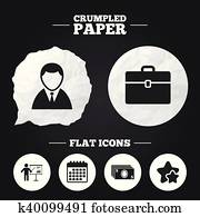 hombre de negocios, signs., humano, y, efectivo, dinero, icons.