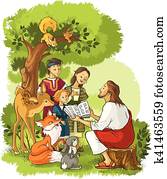 jesus, leitura, a, bíblia, para, crianças, e, animais