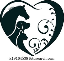 logotipo, cavalo, cão, e, gato, ame coração