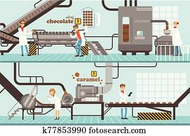 Chocolate and Caramel Factory Production Process Set, Sweets Confectionery Industry Equipment Vector Illustration Chocolate and Caramel Factory Production Process Set, Sweets Confectionery Industry Equipment Vector Illustration
