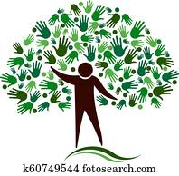 menschliche figur, baum, mit, hände, vernetzung, vektor, logo