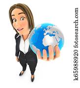 3d, unternehmerin, halten, blau, erde