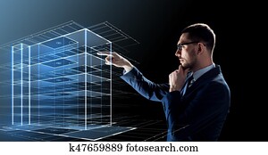 homem negócios, em, óculos, com, virtual, predios