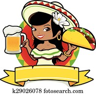 mexicano, mulher, com, cerveja, e, taco