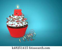 3d cupcake with number 5 candle over blue 3d cupcake with number 5 candle over blue
