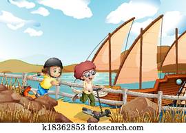 dois, crianças, correndo, com, um, rollerskater, e, um, scooter