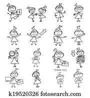 mão, desenho, caricatura, conceito, feliz, mulher negócio