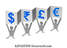 Paper Men with flag writing different currency signs Paper Men with flag writing different currency signs